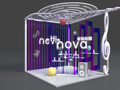 NotiNOVA Display Booth With Musical Notes Purple Blue Striped Background Circular Decorative Balls And Speakers 3d model