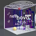 NotiNOVA Display Booth With Musical Notes Purple Blue Striped Background Circular Decorative Balls And Speakers
