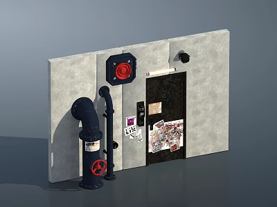 Security Door With Red Knob Black Pipe And Stickers On Gray Wall 3d model