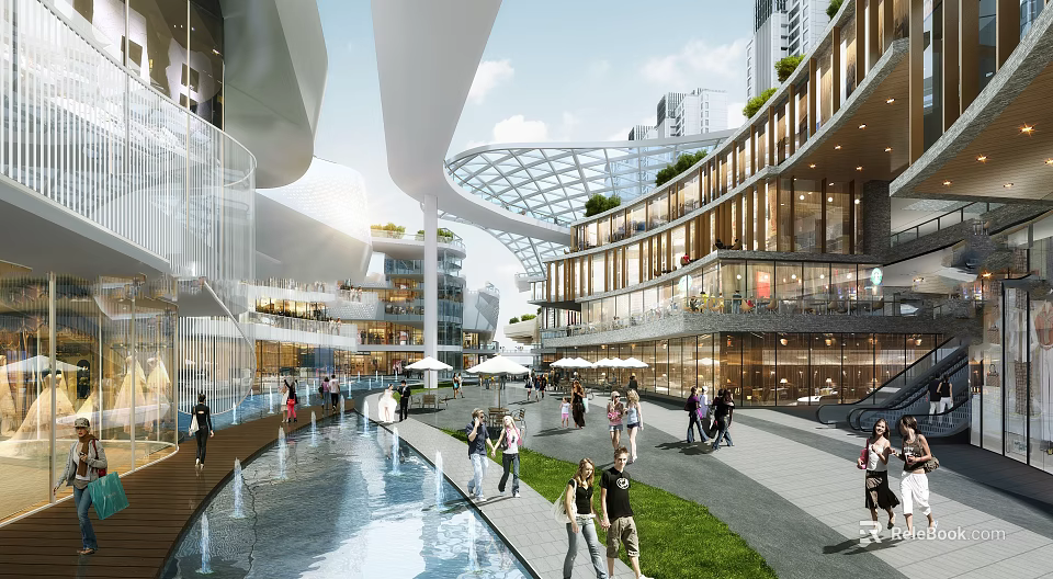 Modern Curved Glass Facade Commercial Plaza With Water Feature Green Lawn And Pedestrian Activity 3d model 
