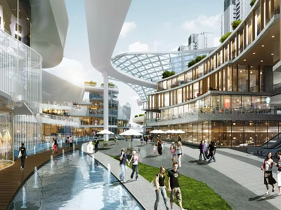 Modern Curved Glass Facade Commercial Plaza With Water Feature Green Lawn And Pedestrian Activity 3d model