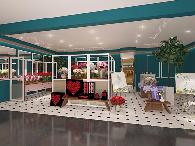 Warm Floral Boutique Interior With Flower Bouquets Heart Decor And Green Plants 3d model