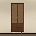 Dark Brown Wooden Wardrobe With Woven Door Panels And Two Drawers On Legs