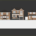 Three Brick Residential Houses Exterior With Green Lawn And Gray Driveway