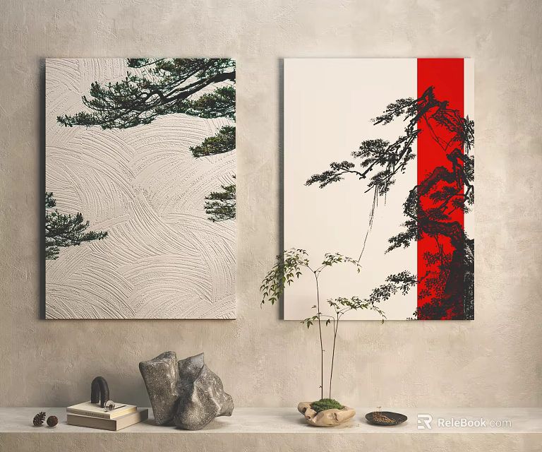 Two Canvas Wall Paintings Featuring Pine Tree Wave Pattern Red Stripe And Stone Ornaments 3d model