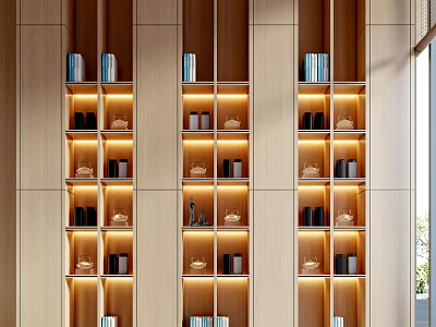 Modern Built in Wooden Bookshelf With Illuminated Shelves And Decorative Items 3d model