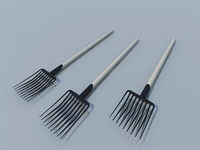 Three Garden Rakes With Black Tines And White Handles On Light Blue Background 3d model