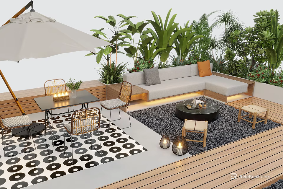 Modern Courtyard Garden With Outdoor Sofa Dining Table Green Plants Umbrella Rug And Lighting Decor 3d model 