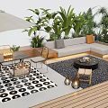 Modern Courtyard Garden With Outdoor Sofa Dining Table Green Plants Umbrella Rug And Lighting Decor