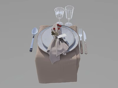 Elegant Dinnerware Set with Plates Napkin Cutlery and Wine Glasses on Beige Tablecloth 3d model