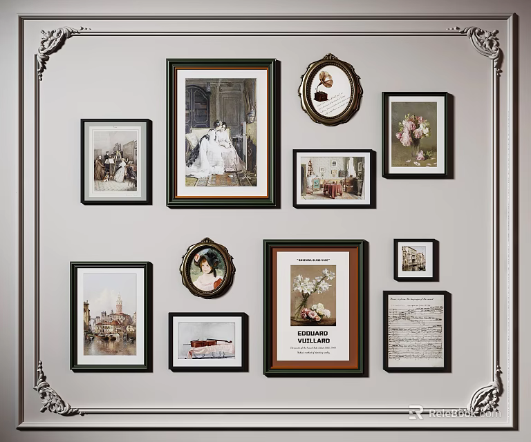 Artistic Wall Collection With Different Shaped Frames And Diverse Artworks 3d model