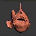 Red Anglerfish With Large Mouth Sharp Teeth Head Lure Structure And Fin Protrusions
