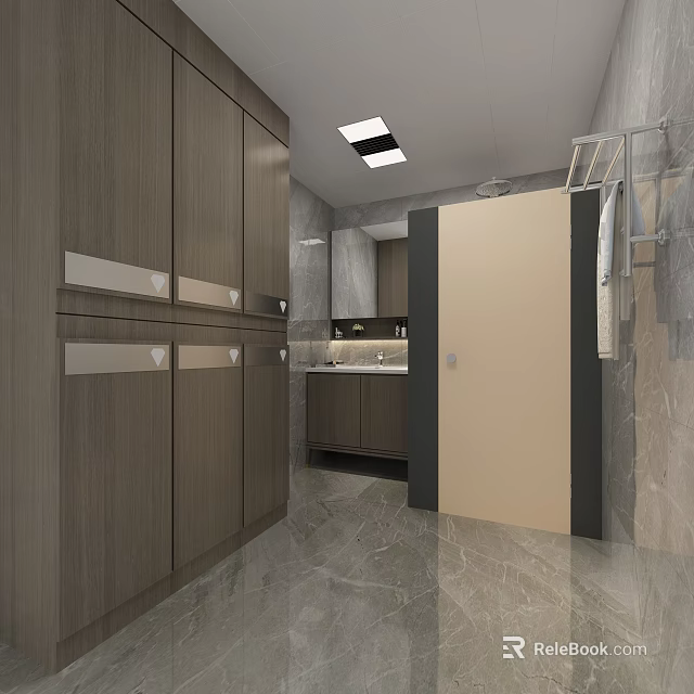 Other Bathroom Interior Design With Wooden Cabinets Marble Flooring And Vanity Mirror 3d model 