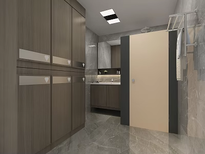 Other Bathroom Interior Design With Wooden Cabinets Marble Flooring And Vanity Mirror 3d model