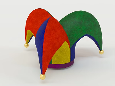 Colorful Jester Hat With Red Green Blue Yellow Sections And Gold Pom Poms 3d model