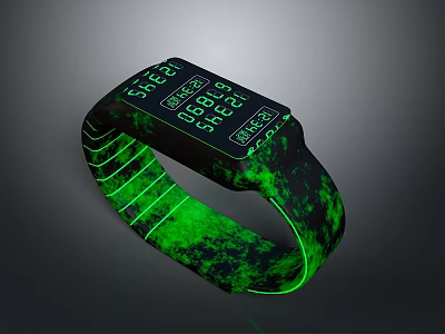 Fashionable Glowing Wristband With Digital Display Green Black Striped Strap Design 3d model