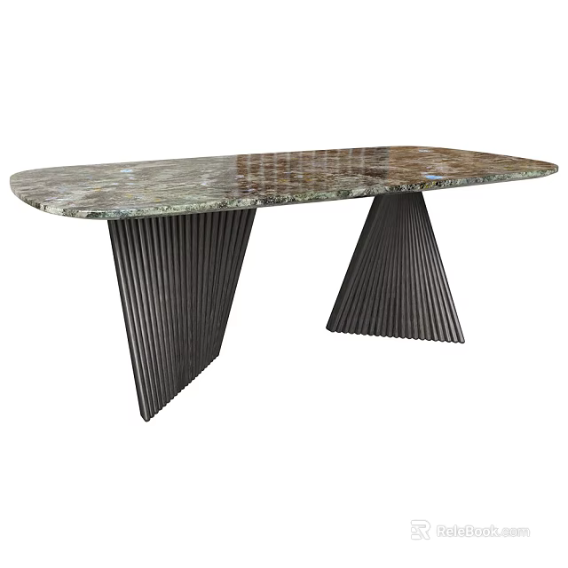 Modern Dining Table With Marble Top And Fluted Metal Legs 3d model 