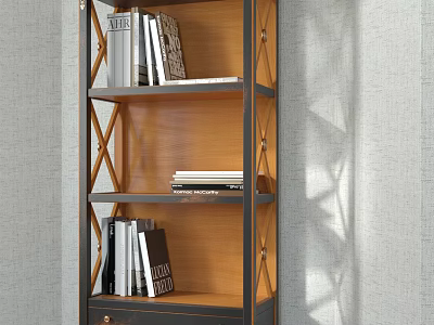 Wooden Bookshelf With Metal Cross Frame And Shelves For Book Storage Decor 3d model