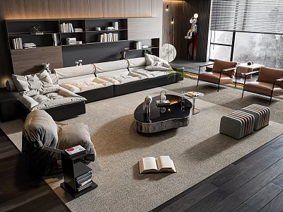 Modern Living Room Sofa And Coffee Table Set With Area Rug Bookshelf And Accent Chairs 3d model