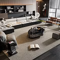 Modern Living Room Sofa And Coffee Table Set With Area Rug Bookshelf And Accent Chairs