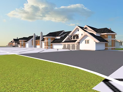 Modern Commercial Street With Stylish Buildings Green Lawns And Paved Walkways 3d model