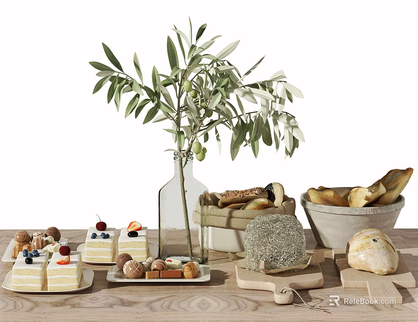 Assorted Desserts Bread and Cheese on Wooden Table with Olive Branch Vase 3d model 