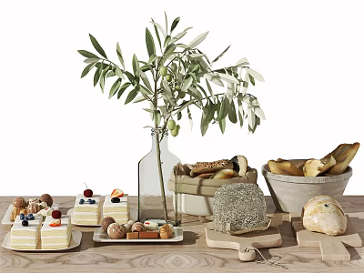 Assorted Desserts Bread and Cheese on Wooden Table with Olive Branch Vase 3d model