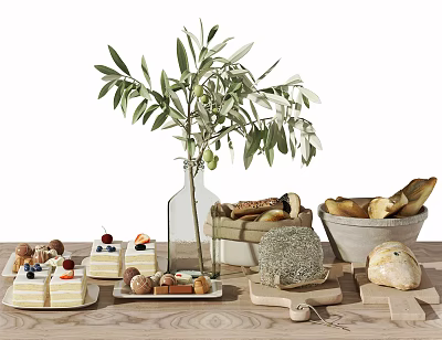 Assorted Desserts Bread and Cheese on Wooden Table with Olive Branch Vase 3d model Assorted Desserts Bread and Cheese on Wooden Table with Olive Branch Vase 3d model