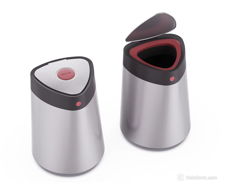 Stainless Steel Public Trash Bins With Silver Body Black Lid And Red Button Design 3d model 
