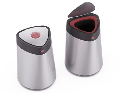 Stainless Steel Public Trash Bins With Silver Body Black Lid And Red Button Design 3d model