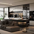 Modern Living and Dining Room Interior With Sofa Coffee Table Large Windows and Green Plants