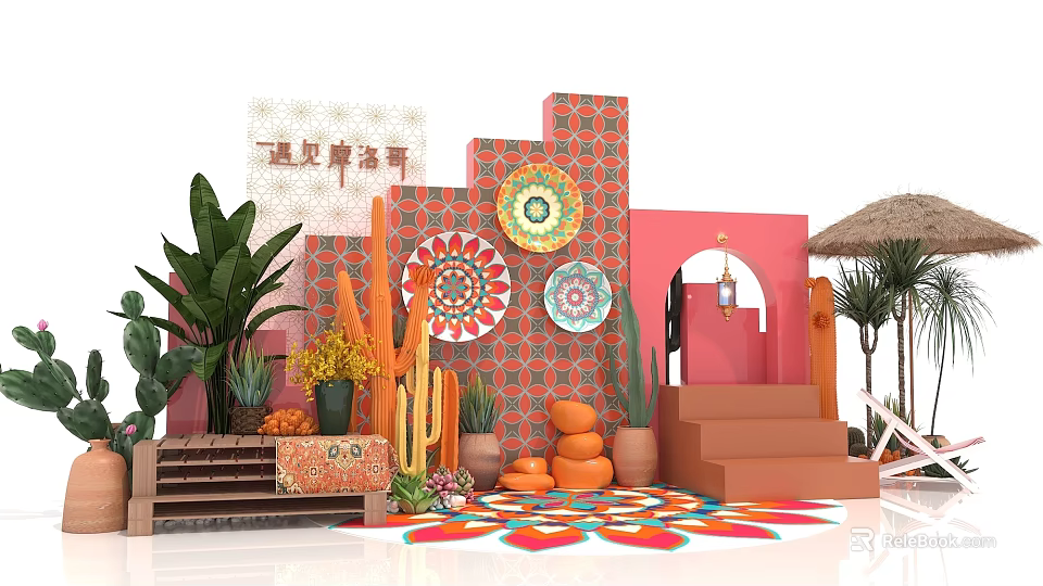 Vibrant Festival Decoration Scene With Colorful Patterns Cacti Green Plants Archway And Steps 3d model 
