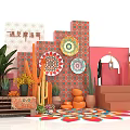 Vibrant Festival Decoration Scene With Colorful Patterns Cacti Green Plants Archway And Steps