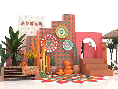 Vibrant Festival Decoration Scene With Colorful Patterns Cacti Green Plants Archway And Steps 3d model