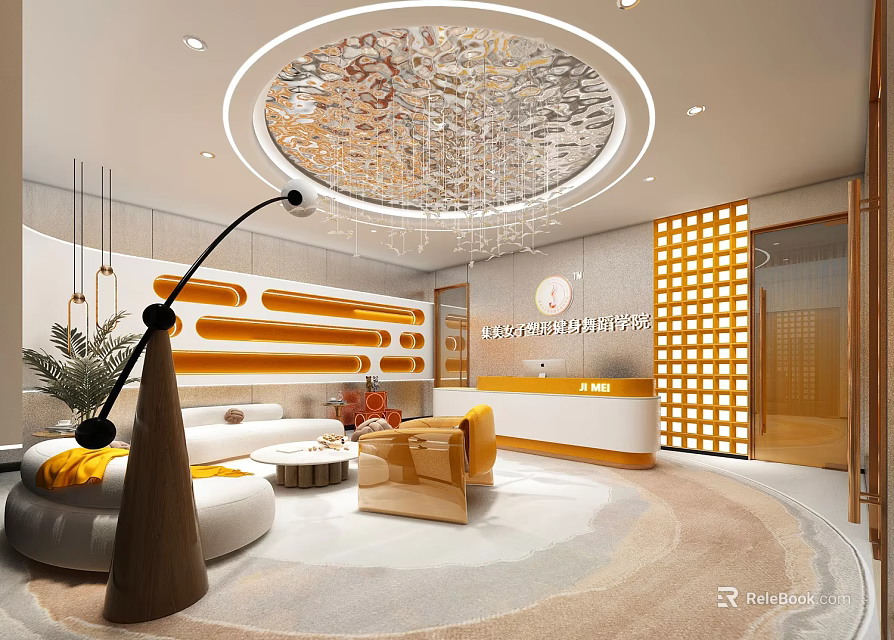 Modern Beauty Hair Salon Interior Design With Reception Desk Comfortable Sofa And Decorative Lighting 3d model 