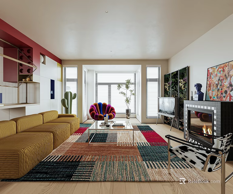 Vibrant Modern Open Plan Living Dining Room With Cozy Furniture And Unique Art Decor 3d model 