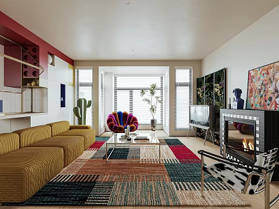 Vibrant Modern Open Plan Living Dining Room With Cozy Furniture And Unique Art Decor 3d model