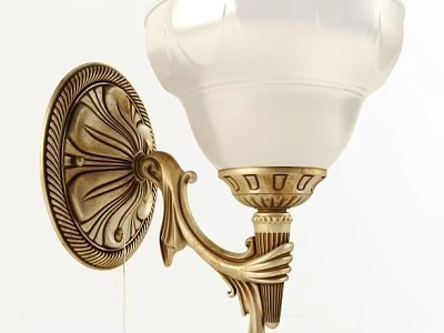 Vintage Style Gold Metal Wall Lamp With Carved Decorations And White Lampshade 3d model