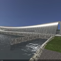 Unique Curved White Bridge Structure Over Calm Water With Green Grass And Blue Sky