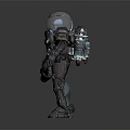 Futuristic Sci Fi Character Wearing Mechanical Armored Suit With Helmet And Cybernetic Gear