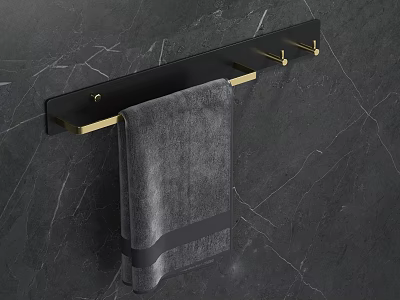 Modern Black Bathroom Shelf With Gold Hooks And Gray Towel On Marble Wall 3d model