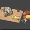 Fresh Baked Bread Loaf on Wooden Cutting Board with Toasted Slices Butter Jam Clay Pot