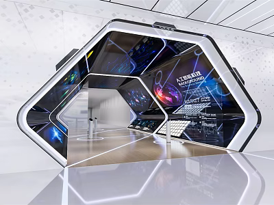 Modern Digital Exhibition Hall With Hexagonal Structure Interactive Screens And Lighting Effects 3d model