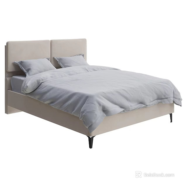 Minimalist Double Bed With Beige Headboard Light Gray Sheets And Pillows 3d model