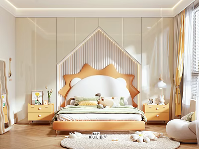 Cozy Kids Bedroom With Sun Shaped Headboard Stuffed Toys Bedside Tables And Rug 3d model