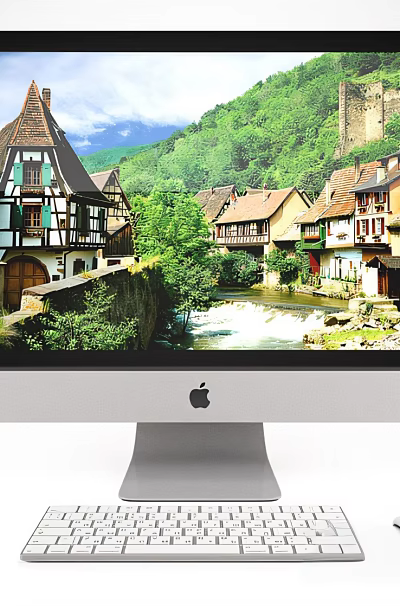 Apple iMac Desktop Computer Displaying Scenic Mountain Village View With Keyboard And Mouse 3d model