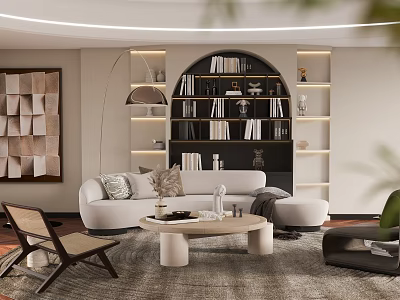 Modern Living Dining Room With White Sofa Coffee Table Bookshelf Decorative Art And Green Plants 3d model