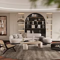 Modern Living Dining Room With White Sofa Coffee Table Bookshelf Decorative Art And Green Plants