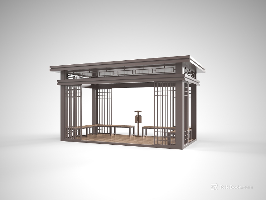 Traditional Chinese Wooden Pavilion With Lattice Windows And Seating Furniture 3d model 
