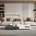 Modern Living Room Interior With Beige Sofa Coffee Table Striped Wall And Decorative Shelves